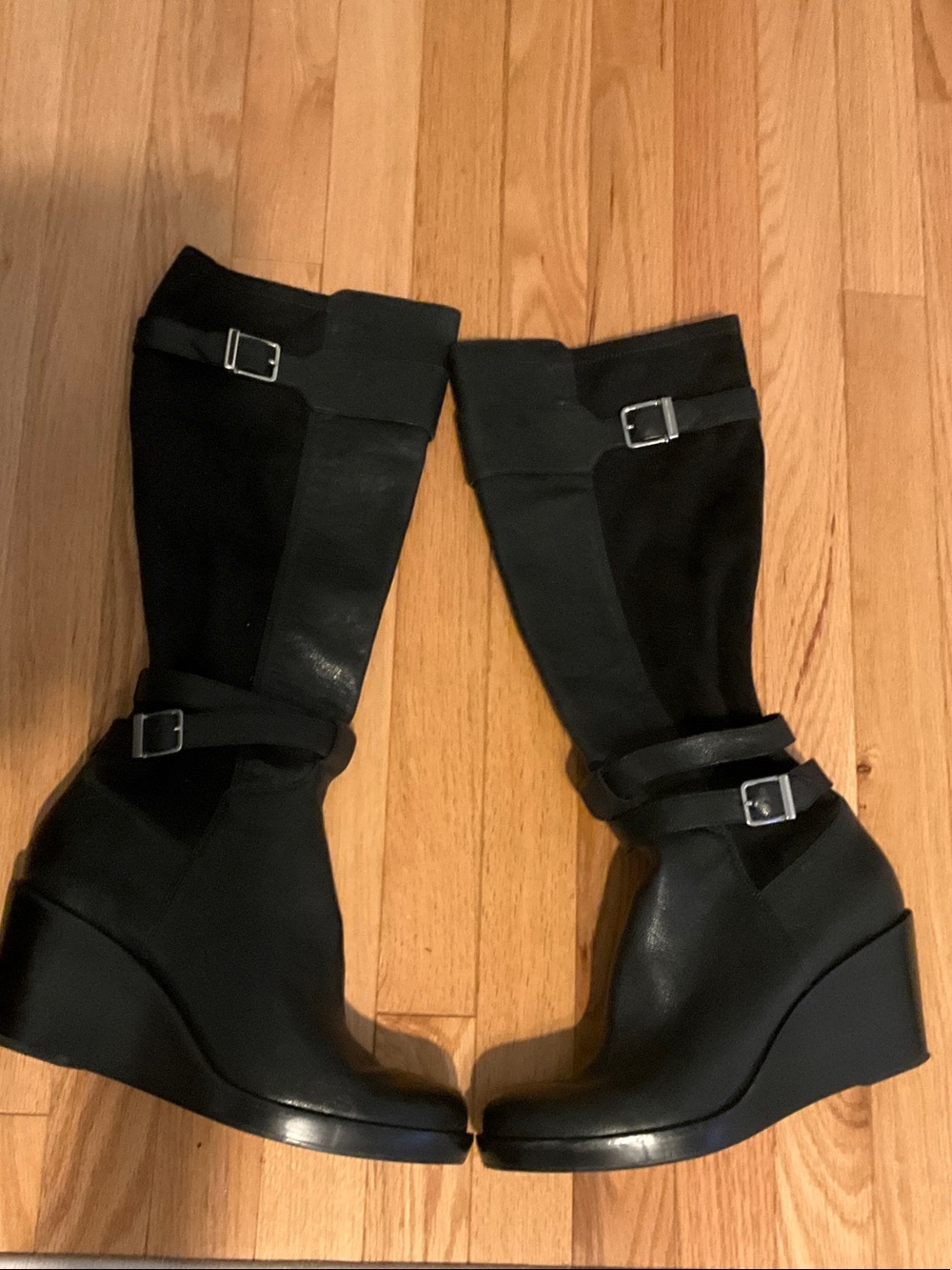 Cole Haan Black Knee-High Wedge Boots with Buckle Straps Size 11